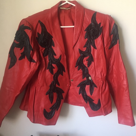 Vintage 90’s Red/Black Leather Blazer Jacket - Picture 7 of 8